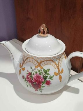 White Porcelain Teapot with Gold Trim and Pink Rose Design